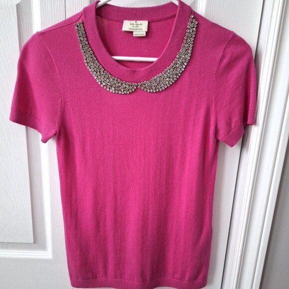 kate spade Barbie Pink Bejeweled Collar Short Sleeve Top - Picture 1 of 8